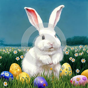 white easter bunny on a green field