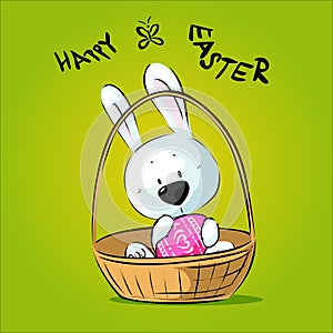 White Easter Bunny Hold Egg Sitting in Basket - Happy Easter Vector IllustrationWhite Easter Bunny Hold Egg Sitting in Basket