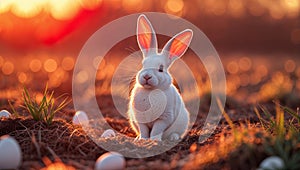 White easter bunny sitting in field at sunset with eggs