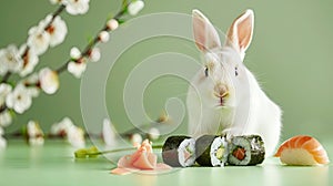 White Easter bunny with sushi on light green background with spring flowers