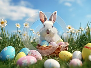 White Easter bunny beside a wicker basket full of colored Easter eggs and surrounded by other decorated Easter eggs on a field