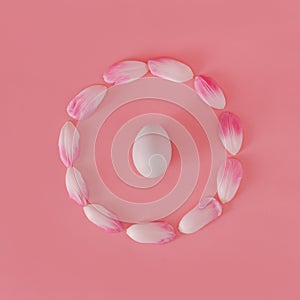 White easter egg in the centre of pink tulip petals ring. Wreath on pastel background.