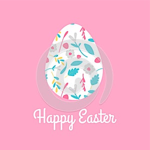 White easter egg with lettering happy easter pink background. Gift message for Easter, decoration of social networks on holiday.