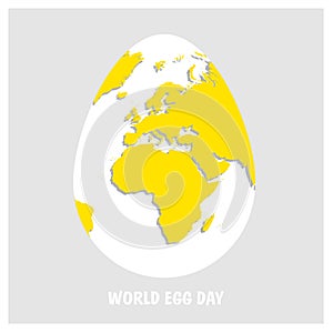 White Easter egg with yellow world map. Planet Earth in form of egg on light gray background with text World Egg Day. Flat Vector