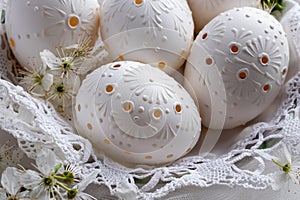 White Easter eggs decorated with wax, with drilled holes