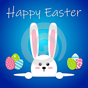White easter rabbit with eggs. Funny bunny in flat style. Easter Bunny. On blue winter background. Colorful Happy Easter