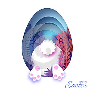 White Easter Rabbit and flower in paper cut style. Bunny booty. Egg layered frame. Blue