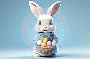 white easter rabbit wearing a blue sweater holding a basket with eggs, plain light blue background, easter banner or