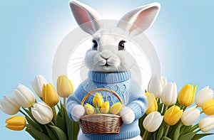 white easter rabbit wearing a blue sweater holding a basket with eggs, yellow tulips in the background, easter banner or