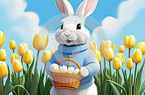 white easter rabbit wearing a blue sweater holding a basket with eggs, yellow tulips in the background, easter banner or