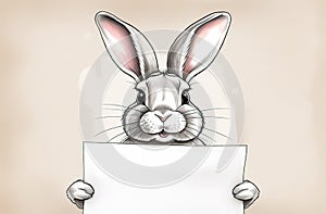 white easter rabbit wearing a blue sweater holding blank piece of paper as a note or sign, easter banner, postcard or