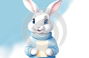 white easter rabbit wearing a blue sweater holding blank piece of paper as a note or sign, easter banner, postcard or