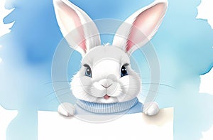 white easter rabbit wearing a blue sweater holding blank piece of paper as a note or sign, easter banner, postcard or