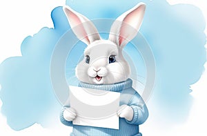 white easter rabbit wearing a blue sweater holding blank piece of paper as a note or sign, easter banner, postcard or