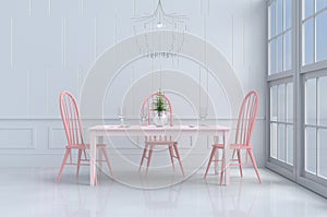 White eating room of love on Valentine`s Day. Background and interior. 3D render.