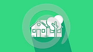 White Eco friendly house icon isolated on green background. Eco house with tree. 4K Video motion graphic animation