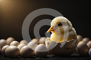 a white egg with a crack from which a cute little chicken. ai generative