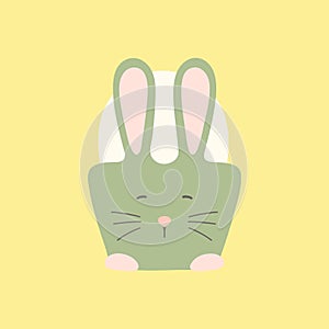 White egg in cute bunny cup vector illustration. Boiled egg served in holder with rabbit ears on yellow background. Flat