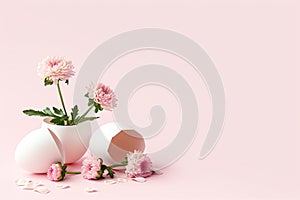 White egg with flowers inside on pastel pink background. Flowers popping out of cracked eggshell