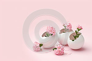 White egg with flowers inside on pastel pink background. Flowers popping out of cracked eggshell