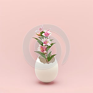 White egg with flowers inside on pastel pink background. Flowers popping out of cracked eggshell