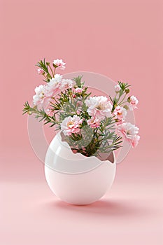 White egg with flowers inside on pastel pink background. Flowers popping out of cracked eggshell