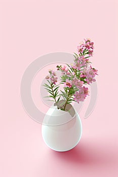 White egg with flowers inside on pastel pink background. Flowers popping out of cracked eggshell