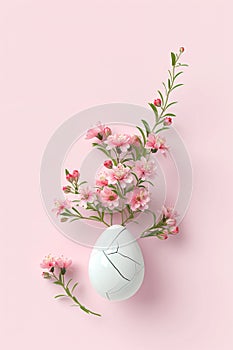 White egg with flowers inside on pastel pink background. Flowers popping out of cracked eggshell