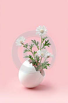 White egg with flowers inside on pastel pink background. Flowers popping out of cracked eggshell