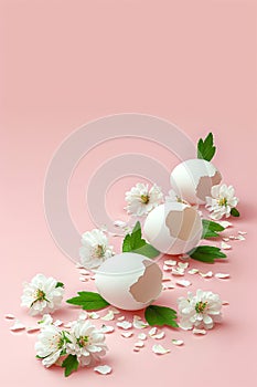 White egg with flowers inside on pastel pink background. Flowers popping out of cracked eggshell