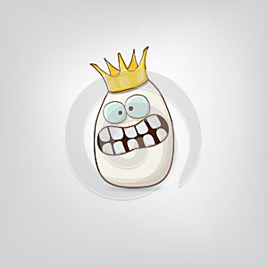 white egg king with crown cartoon characters isolated on grey background. My name is egg vector concept illustration