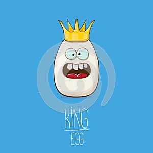 White egg king with crown characters isolated on blue background. My name is egg vector concept illustration. funky farm