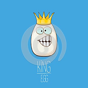 White egg king with crown characters isolated on blue background. My name is egg vector concept illustration. funky farm