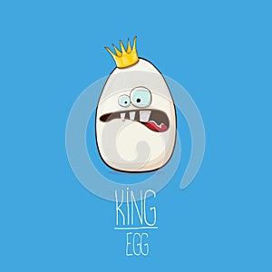 White egg king with crown characters isolated on blue background. My name is egg vector concept illustration. funky farm