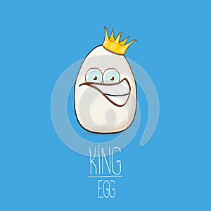 White egg king with crown characters isolated on blue background. My name is egg vector concept illustration. funky farm