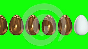 White egg in a row of the golden eggs. 3D.