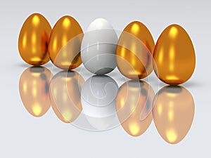 White egg in a row of golden eggs. 3D.