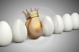 White egg row with one in the golden crown. Leadership concept