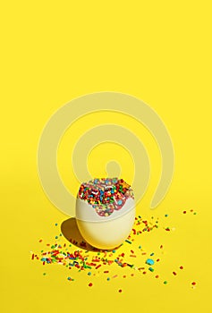 White egg shell with colorful candies over yellow background.  Easter, holidays, food concept.