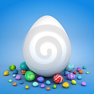 White egg surrounded by colorful Easter eggs