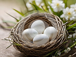 white eggs in bird nest woven with twigs and flowers