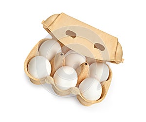 White eggs in a package on a white background