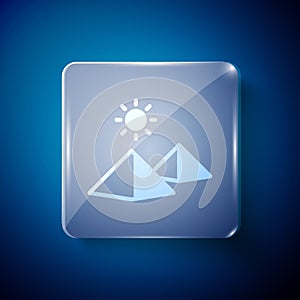 White Egypt pyramids icon isolated on blue background. Symbol of ancient Egypt. Square glass panels. Vector