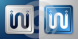 White Electric cable icon isolated on blue and grey background. Electrical wire. Silver and blue square button. Vector