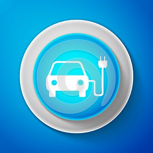 White Electric car and electrical cable plug charging icon isolated on blue background. Electric car charging sign