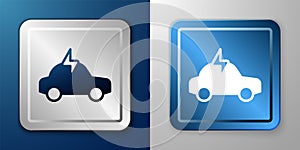 White Electric car and electrical cable plug charging icon isolated on blue and grey background. Renewable eco