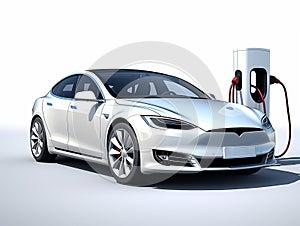 White electric car isolated on a white background, charging near the station. Front view. Generative AI