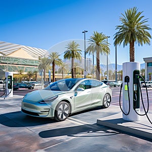 White electric car plugged in at a charging station in a sunny parking lot with palm trees