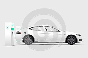 White electric car at stand charging station battery. Isolated side view white electric car. Vector illustration