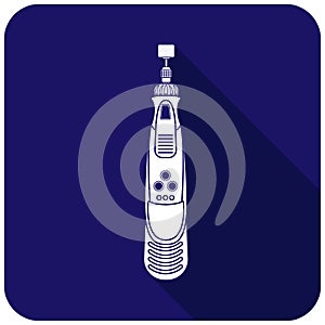 White electric engraver icon on a blue background